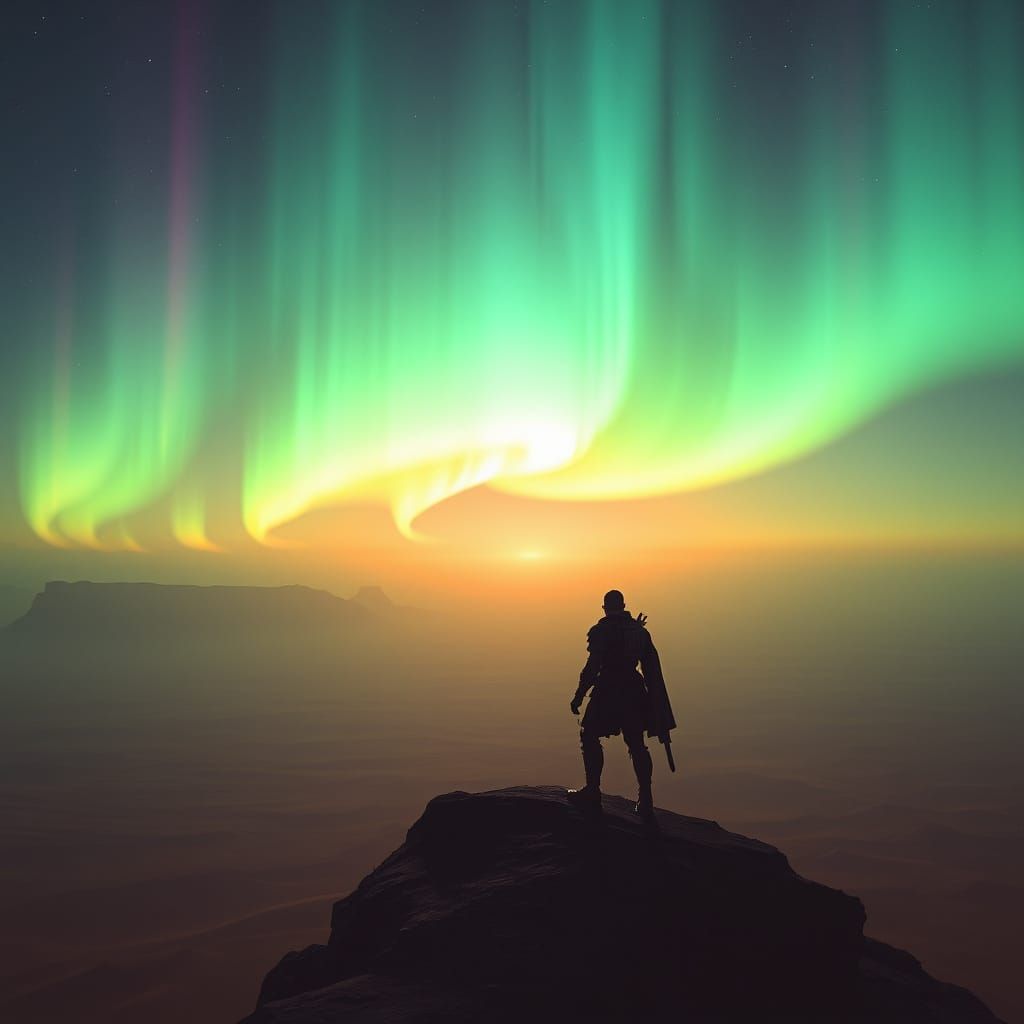Lone Warrior Under Alien Aurora Borealis in Cinematic Style