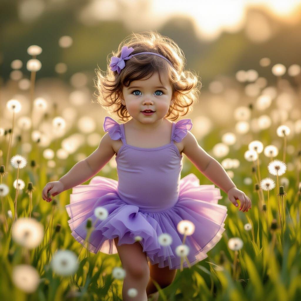Toddler Girl Runs Through Dandelion Meadow