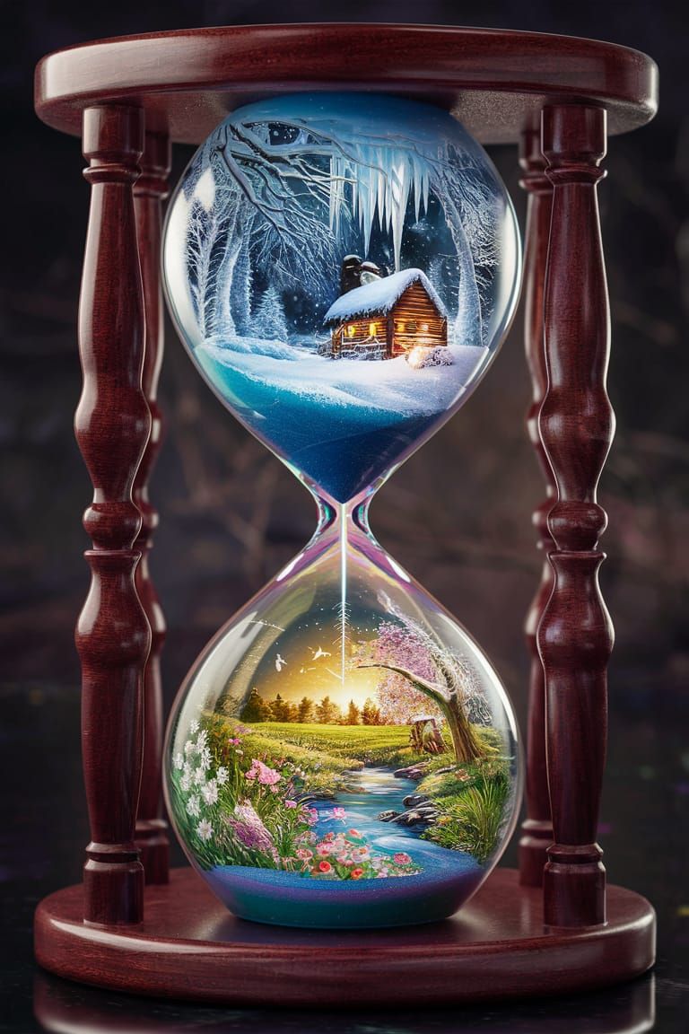Intricate Hourglass Displaying Winter and Spring Scenes