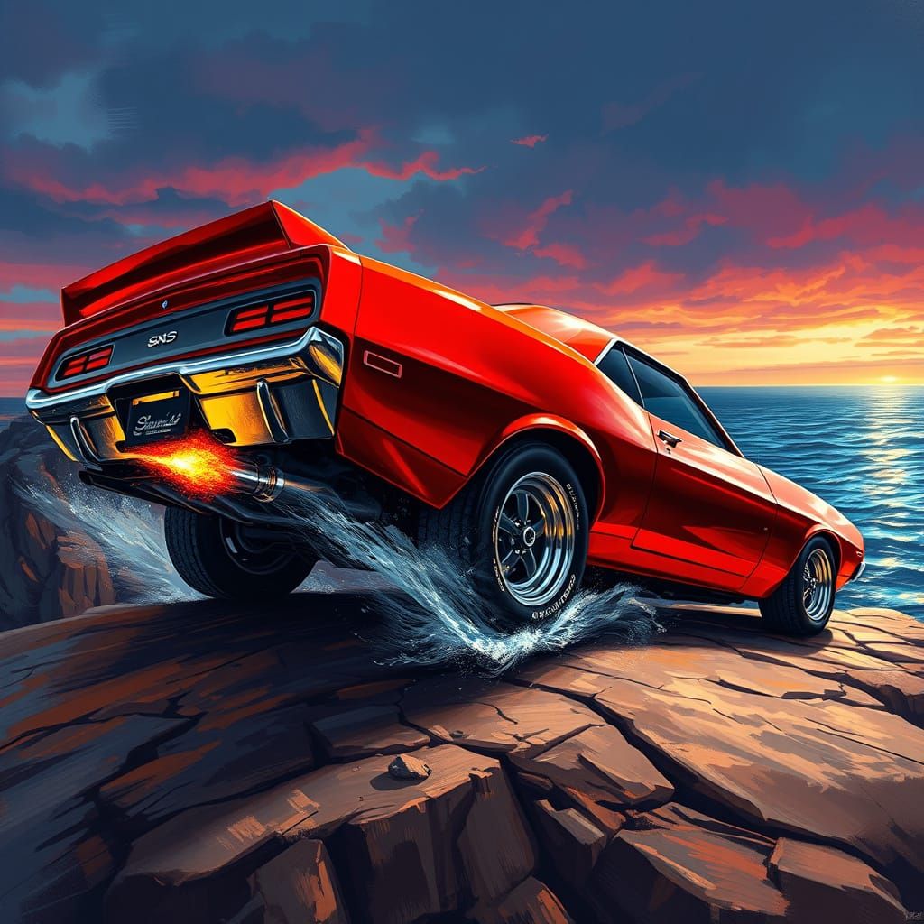 Vibrant Red Muscle Car Roaring at Ocean Cliff Edge