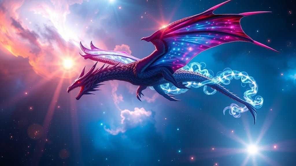 Majestic Bio-Luminescent Dragon in Cosmic Nebula