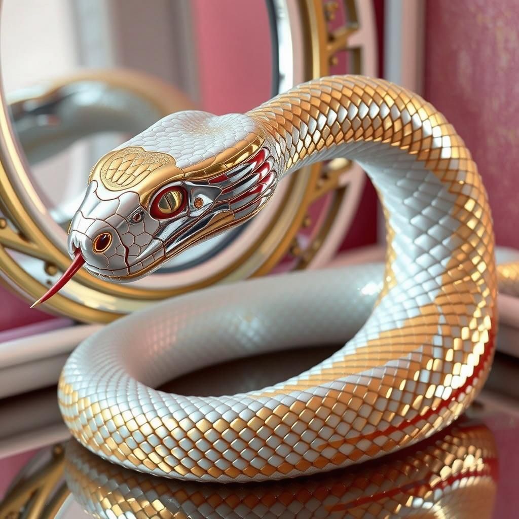 Chrome Serpent with Gold Accents on Mirrored Backdrop