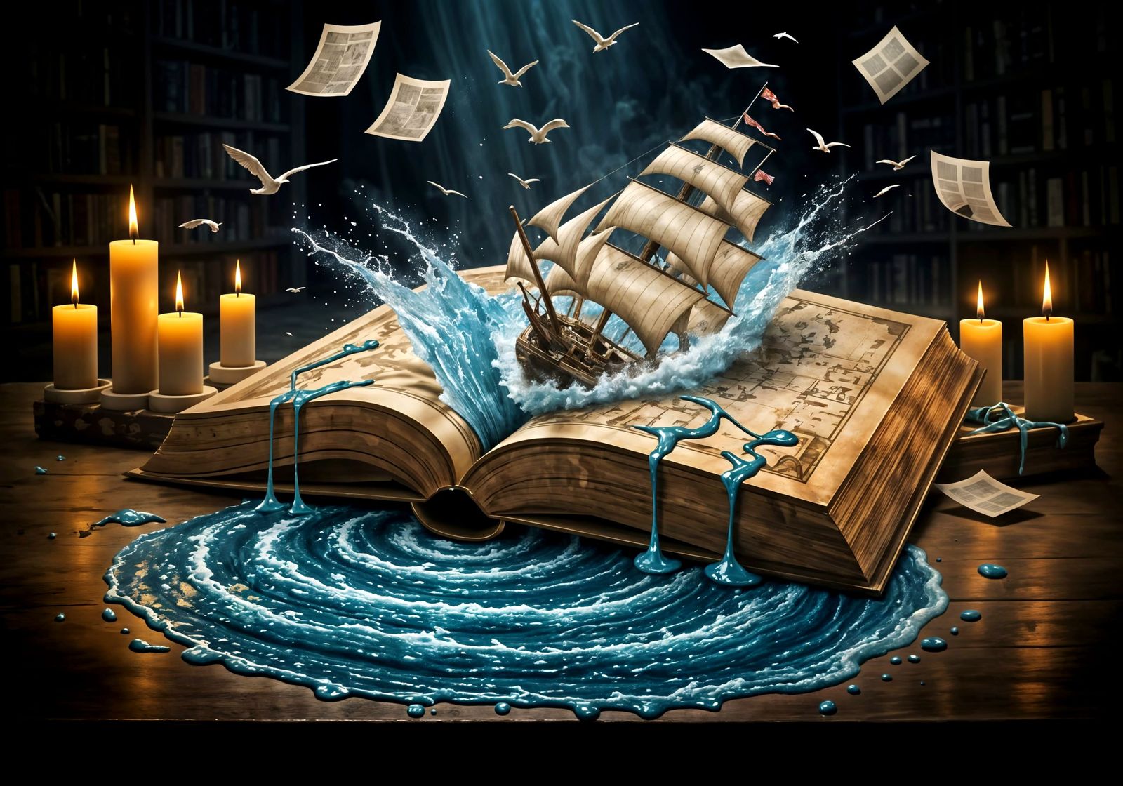 Galleon Erupts From Magical Book in Chaotic Library