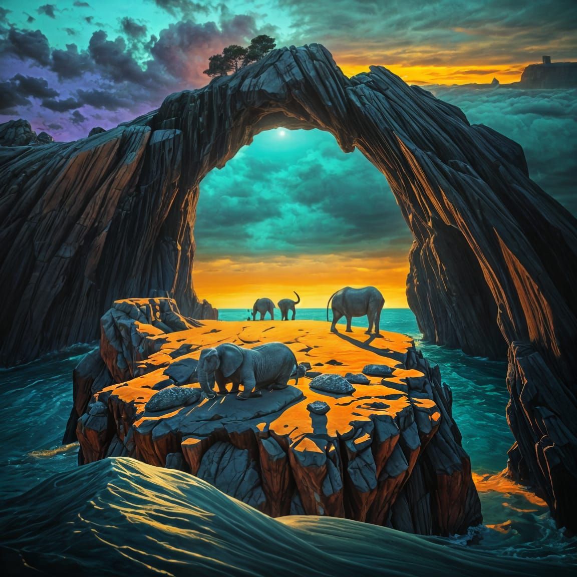 Babar the Elephant & Old Lady on Cliff Above Stormy Sea