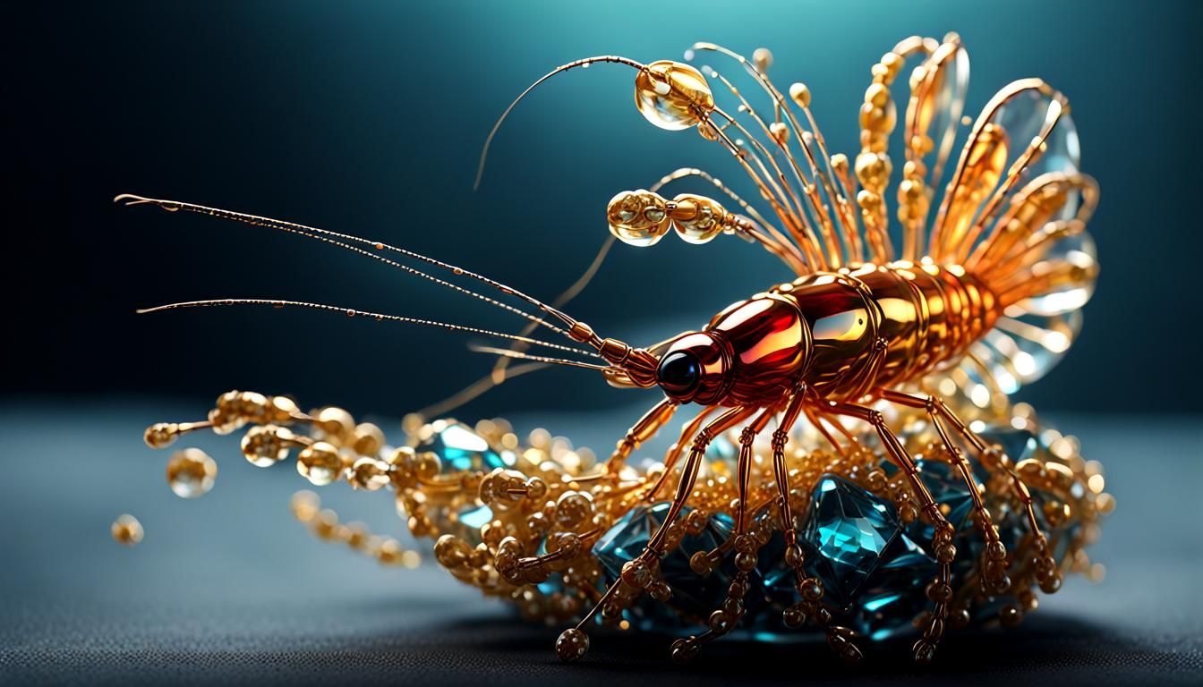 A intricate Clear colored glass sculpture of tiny shrimp, fringed with gold and jewels