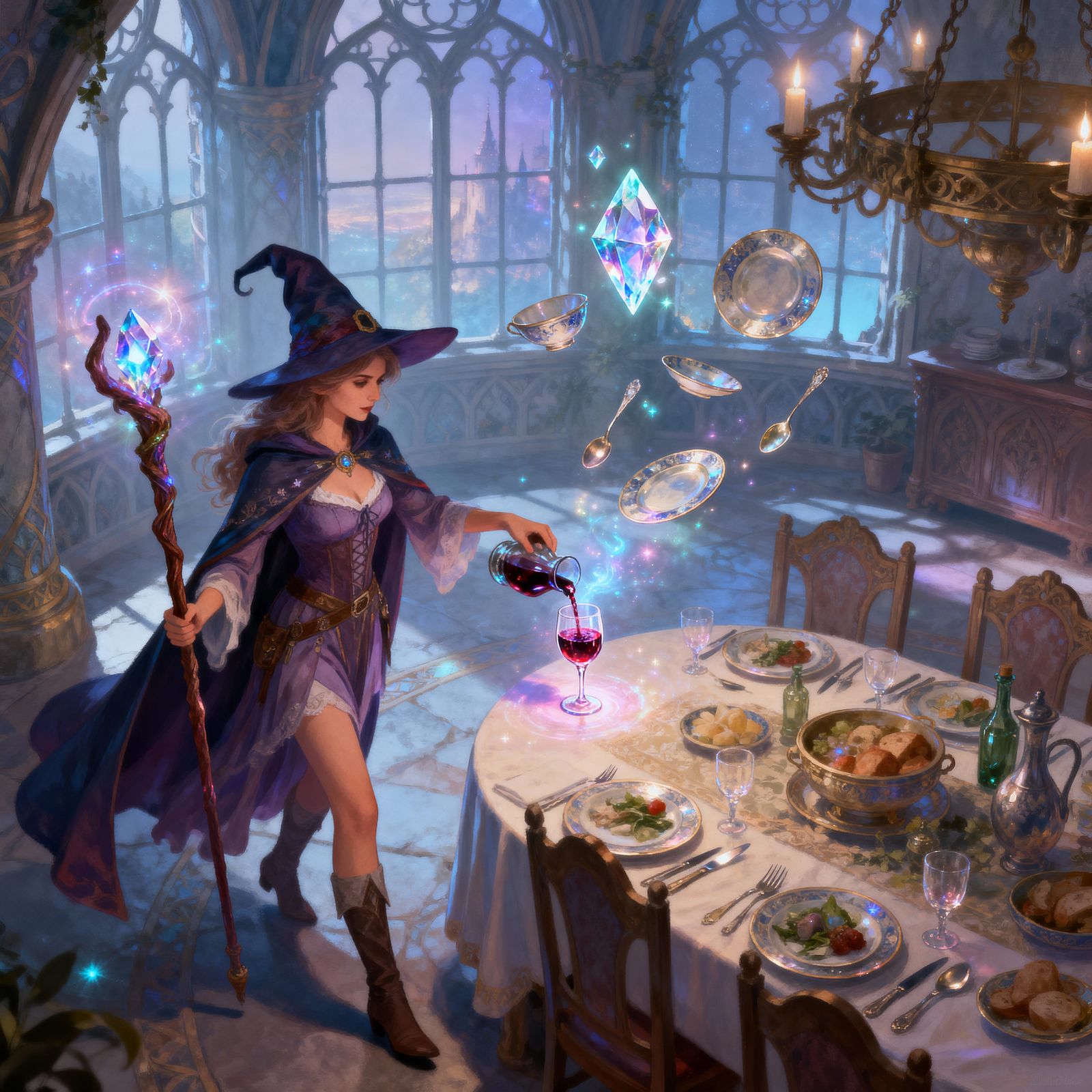 Wizard Pours Magical Wine in Crystal Glow Tower