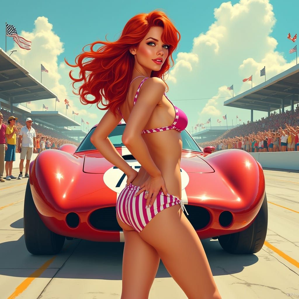 Confident Pin-Up Girl in Front of Futuristic Muscle Car