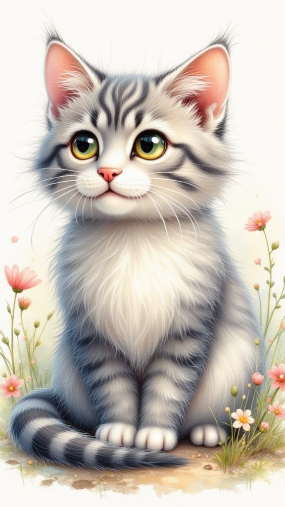 Fluffy Cat Portrait in Watercolor Style