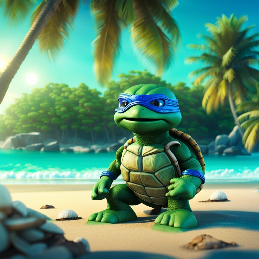 Ninja Turtle on Tropical Beach: Detailed Matte Painting