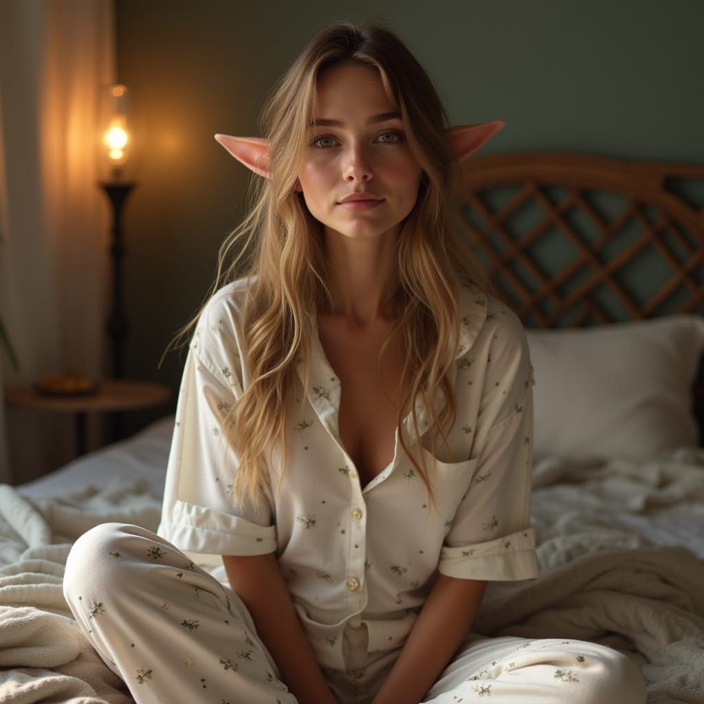 A beautiful young elf woman in pyjamas sitting up in a bed.