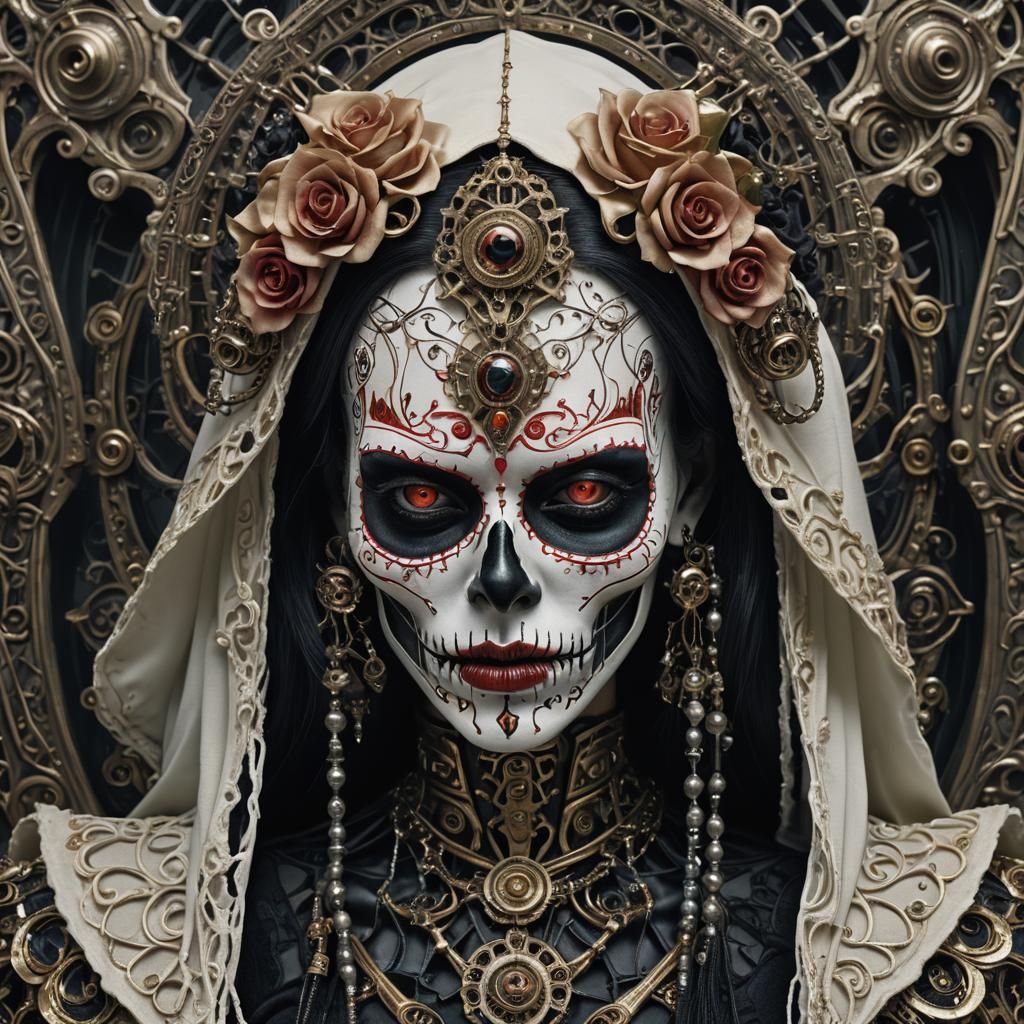 Santa Muerte Cyborg Vampire Close-Up: Ultra-Realistic Photo