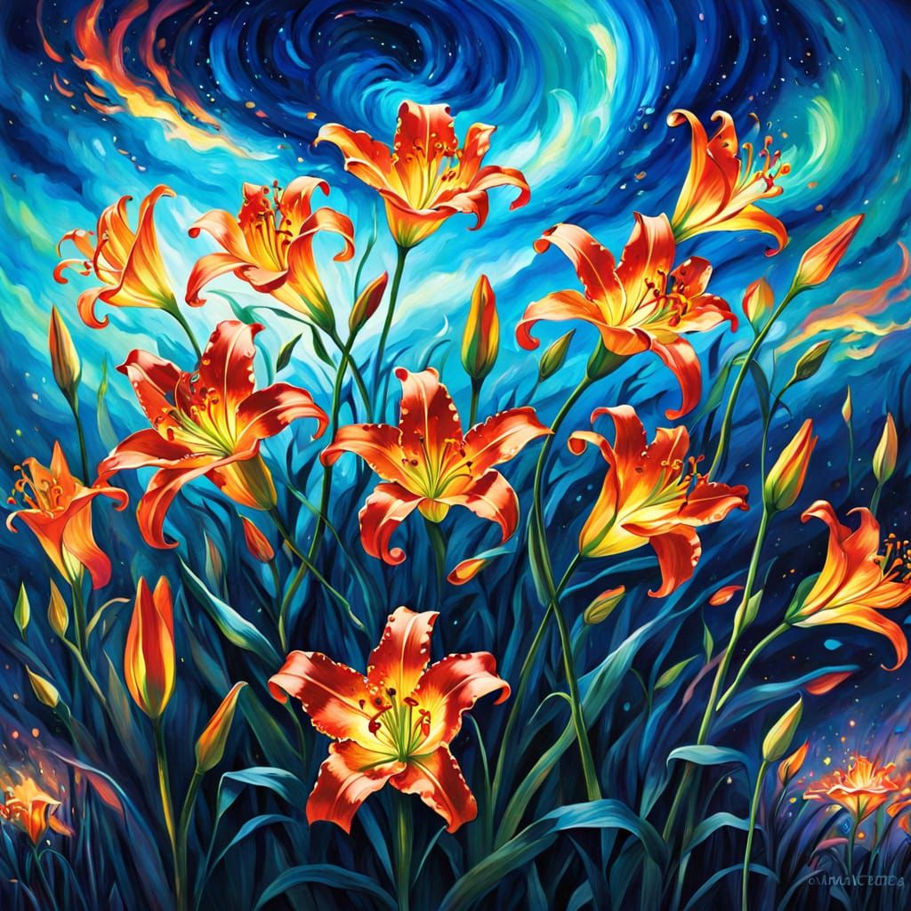 Enchanting Fire Lilies Dancing in a Fiery Night Sky