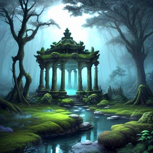 Ancient Fountain in Ethereal Moonlit Fantasy Landscape