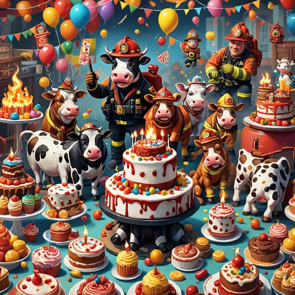 Happy Cows Firefighter Birthday Party in Candy Art Style