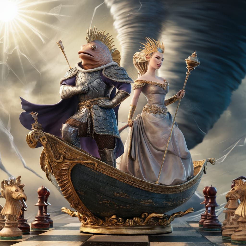Fantastical Chess Game with Fish King and Sparrow Queen