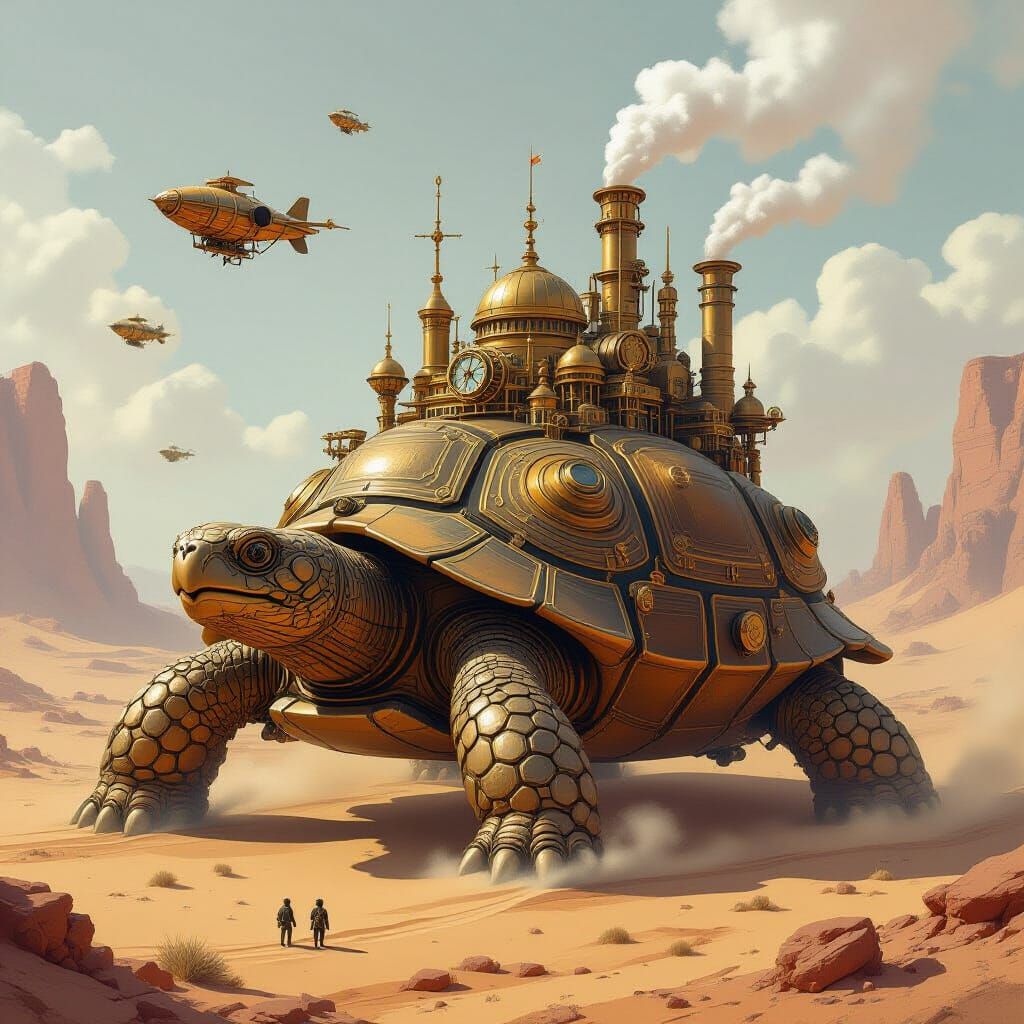 Steampunk City on Ancient Tortoise in Desert