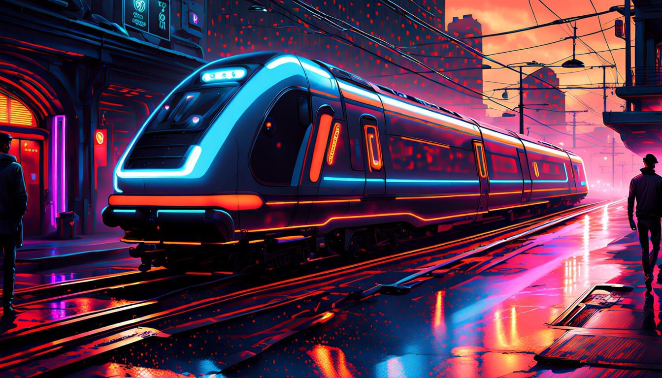 Cyberpunk Train Zooms Through Rainy Cityscape in Neon-Lit Gl...