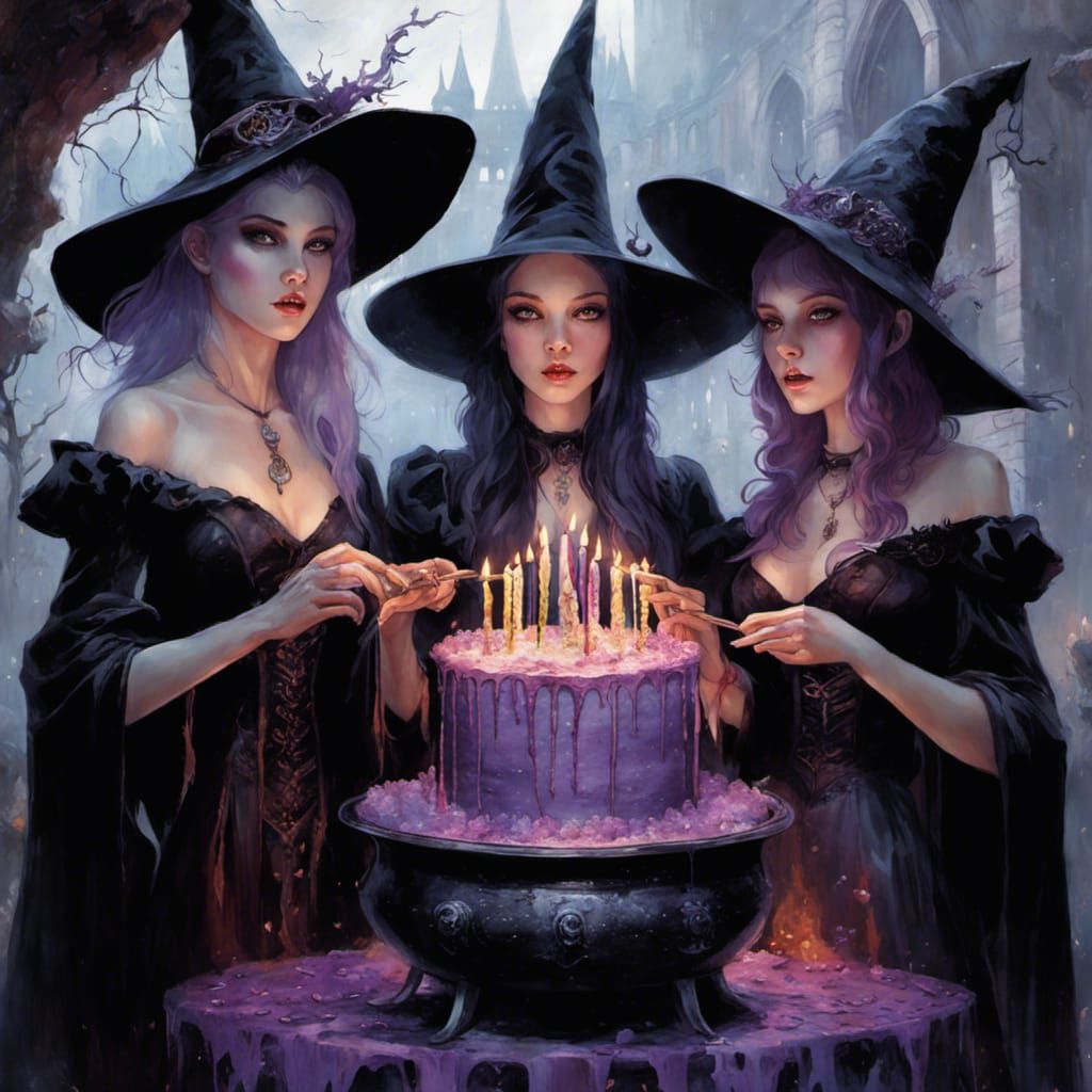 Gothic Witches Summoning Cake in Digital Art Style
