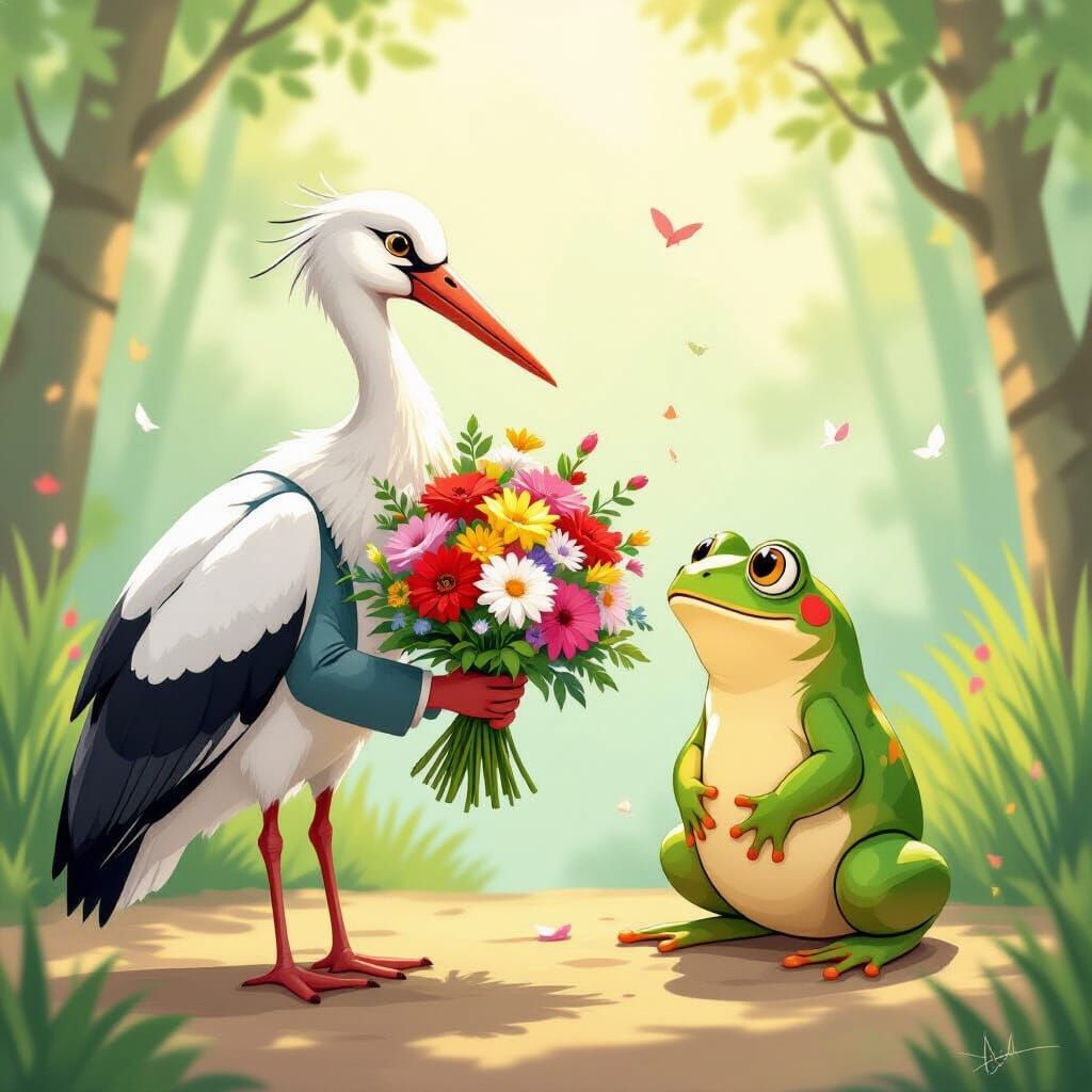 Surprised frog receives a bouquet from a stork in a suit