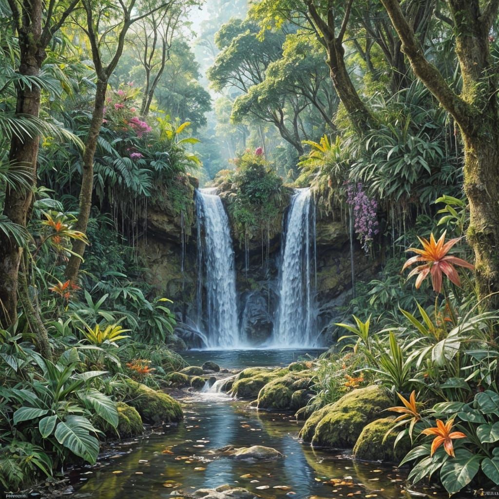 Mystical Jungle Oasis in Vibrant Gouache Style