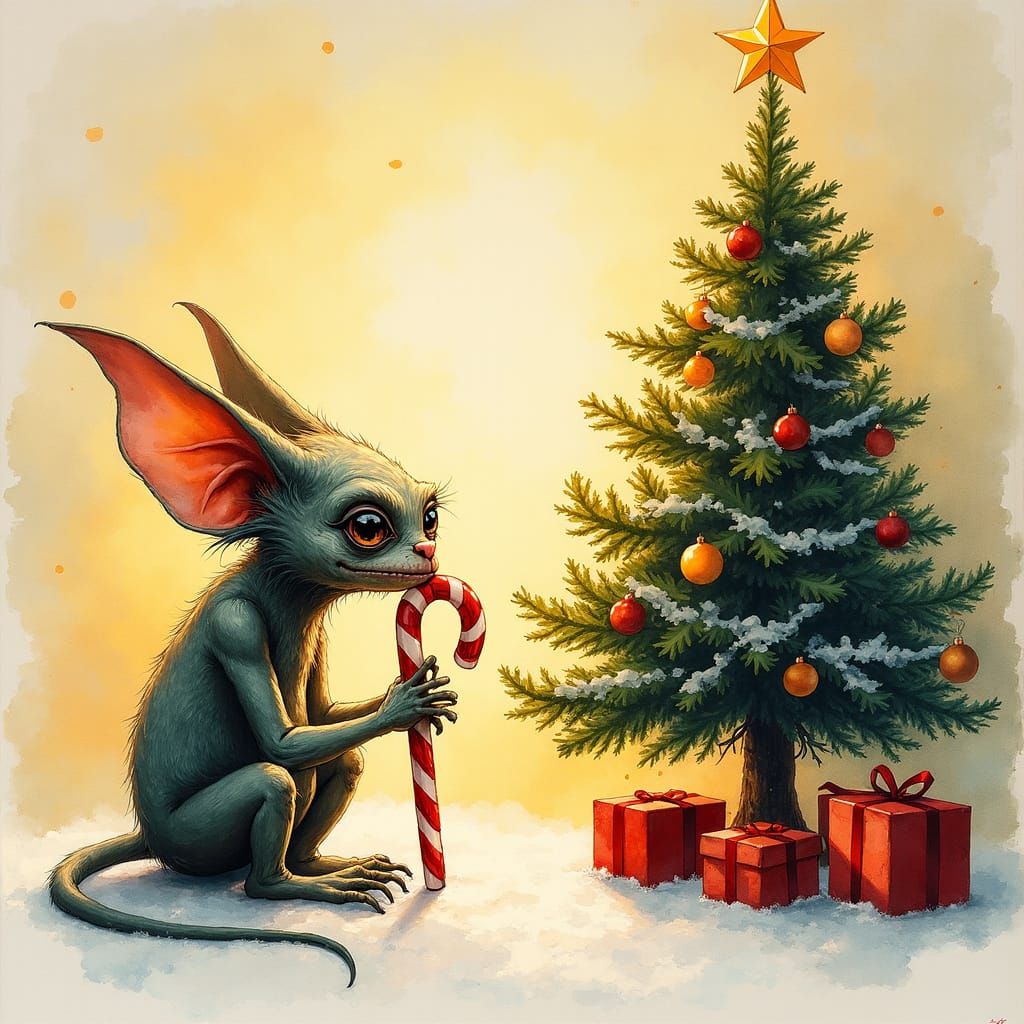 Gremlin Christmas Scene in Colored Ink Wash Style