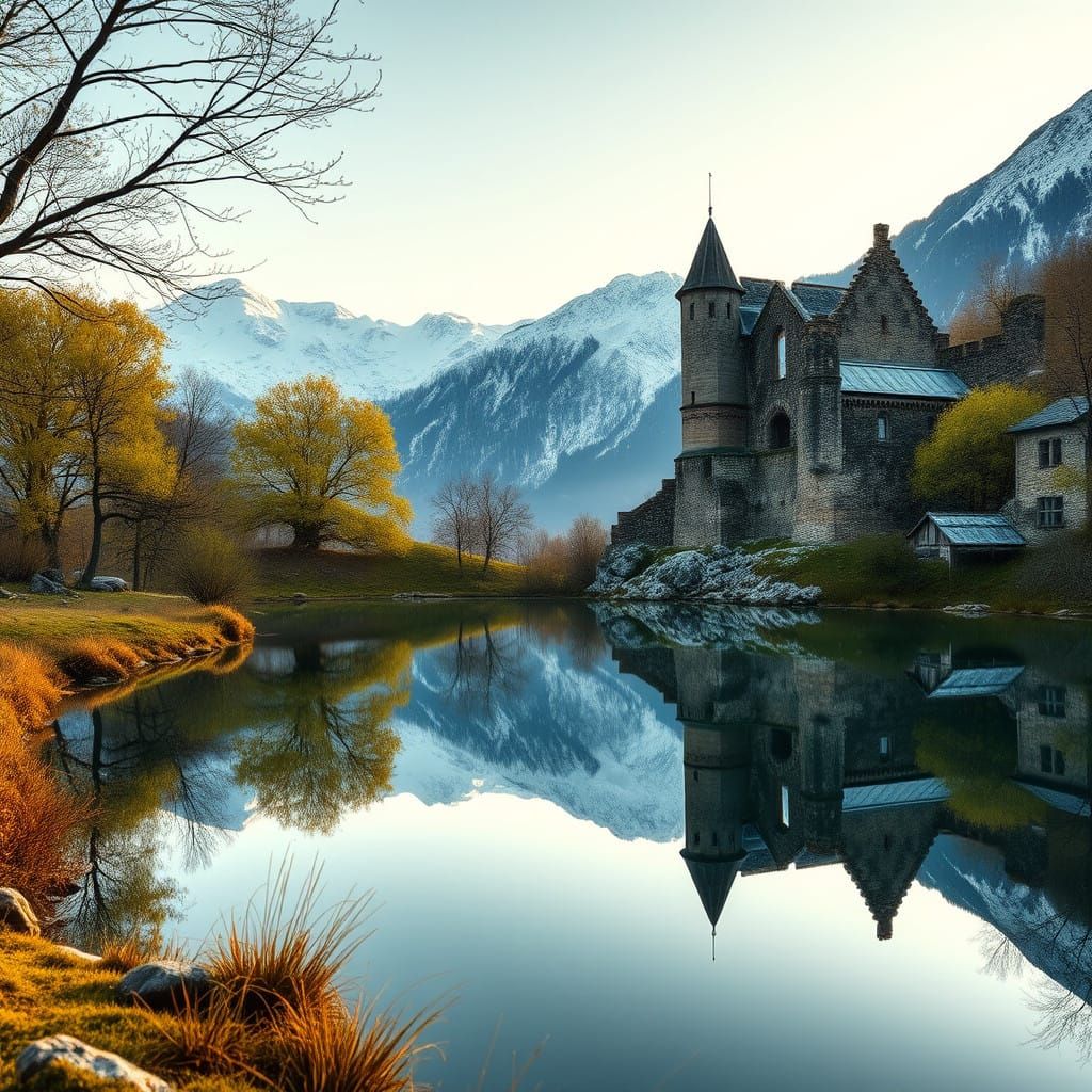Serene Spring Mountain Landscape with Medieval Castle Ruins