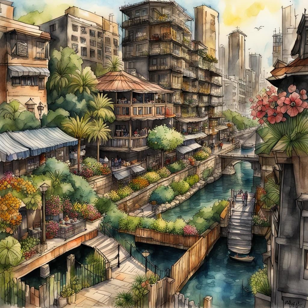 Egyptian Utopia: Ink and Watercolor Urban Sketch