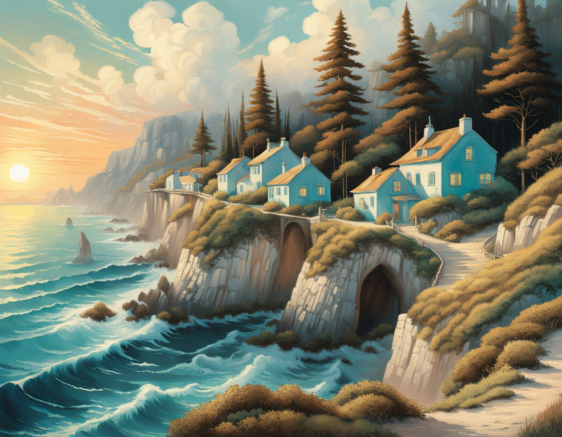 Coastal Village Watercolor Painting in Lyrical Style