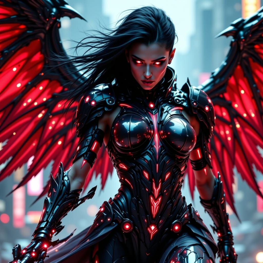 Cybernetic Angel in Futuristic Cityscape