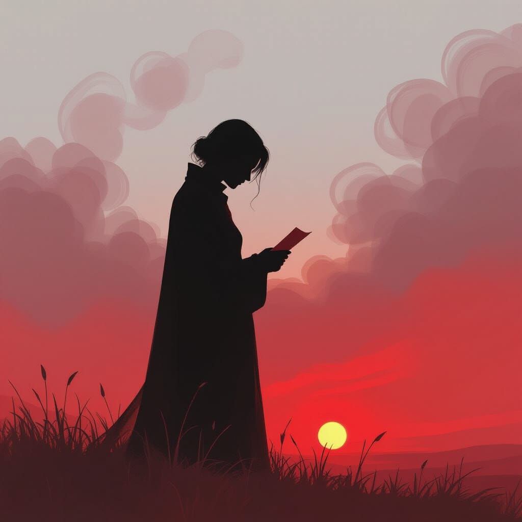 Expressive Figure in Red Storm at Dusk Holding a Letter