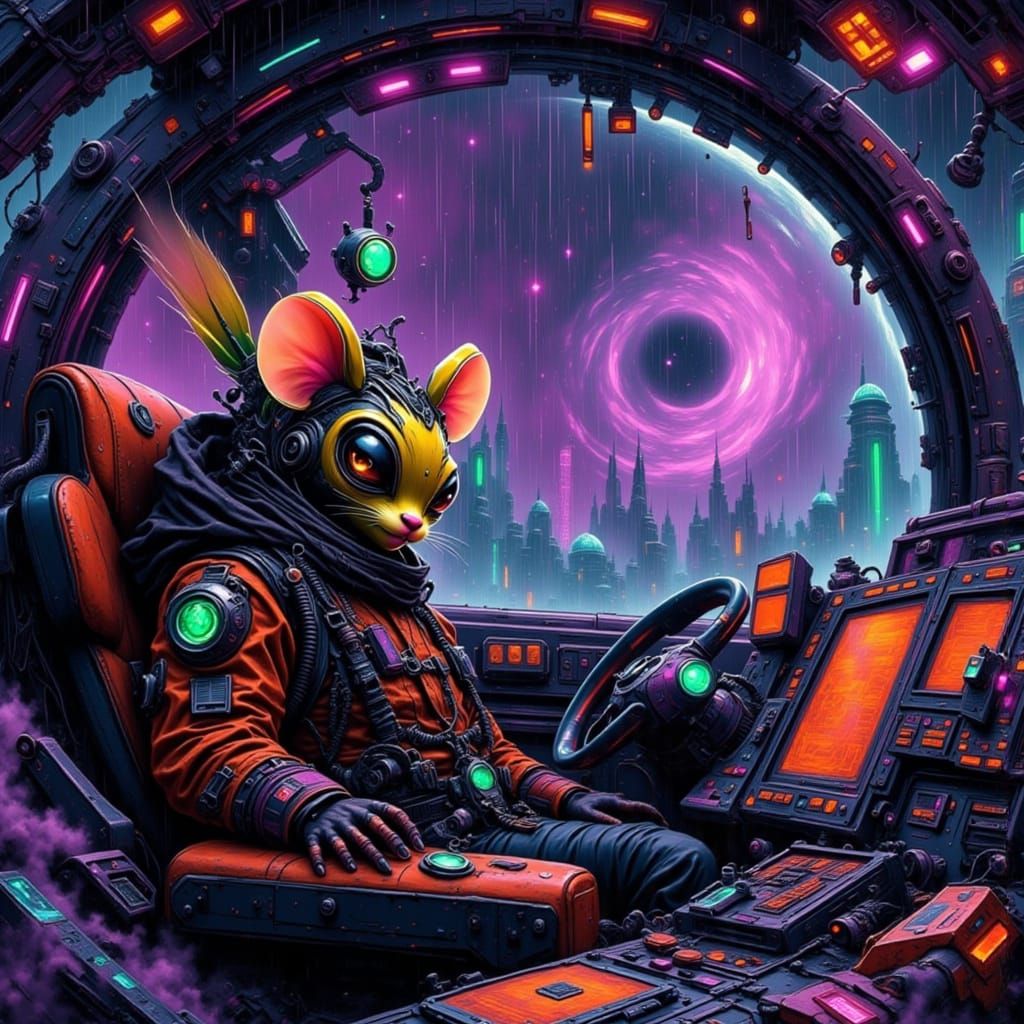 Chibi Aliens Navigate Rainy Cosmos as Digital Art