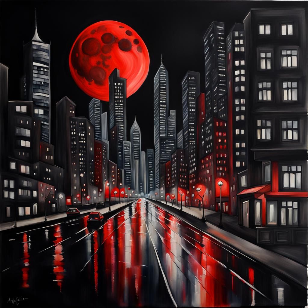 Cityscape at Night with Blood Moon in Watercolor