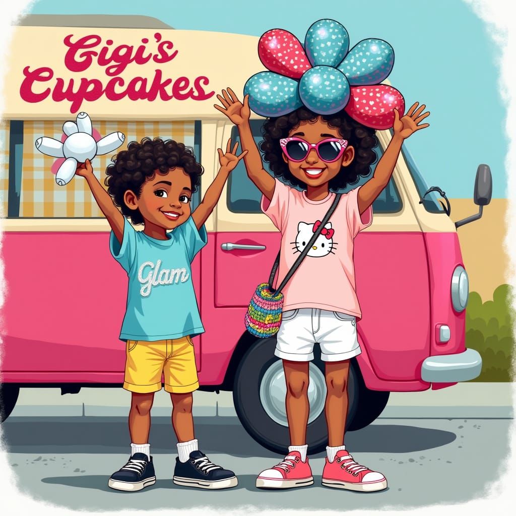 Colorful Scene of Two Happy Hispanic Girls in Front of a Bri...