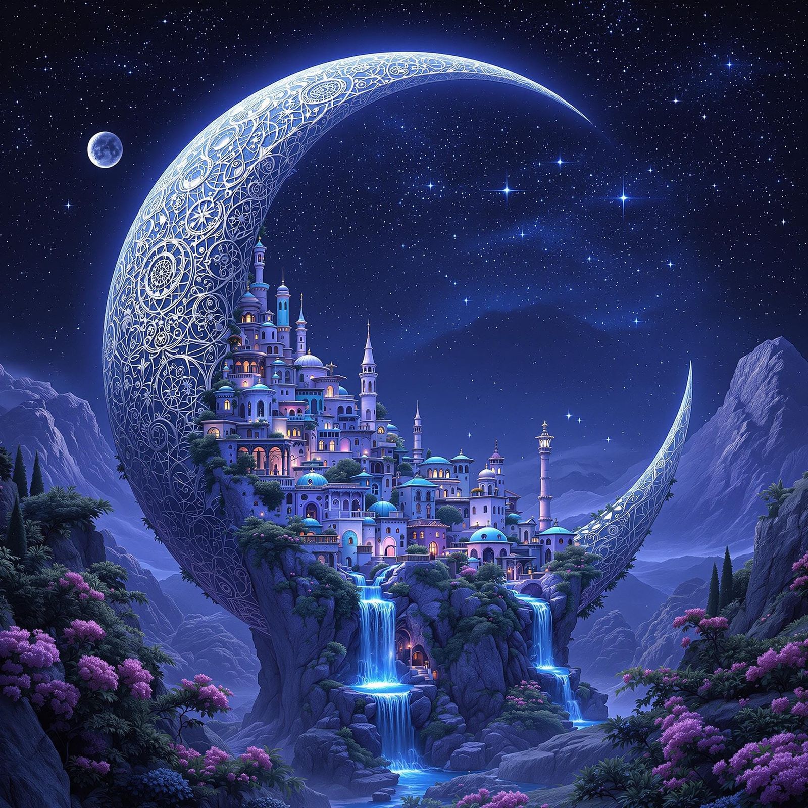 Fantasycore Villa Village in Crescent Moon: Digital Art