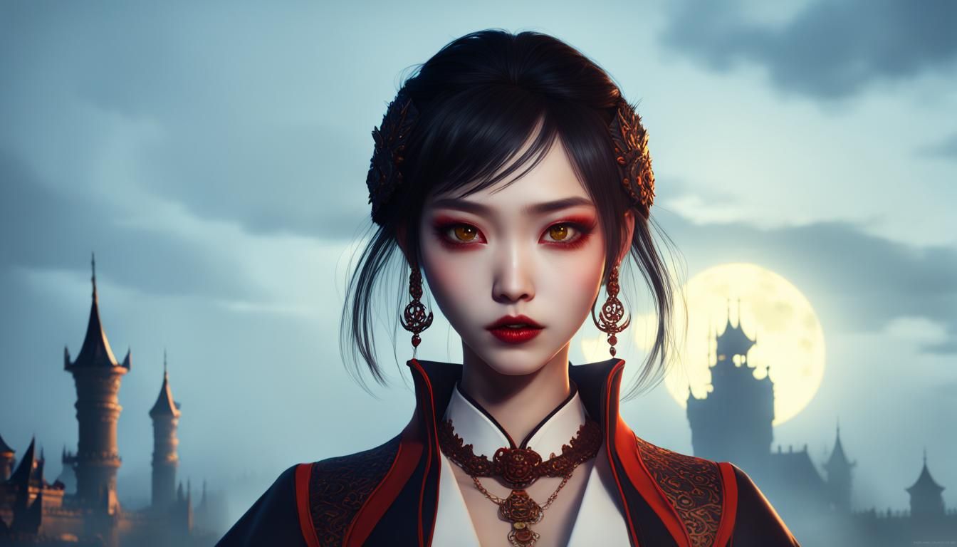 East Asian Vampire in Castle, Detailed Matte Painting