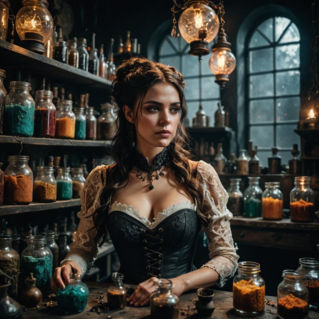 Alchemist Woman in Laboratory: A Cinematic Portrait