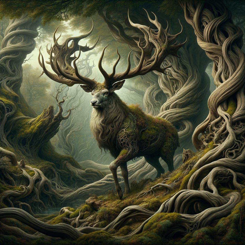 Wise Stag in Enchanted Woodland: Fantasy Art Nouveau