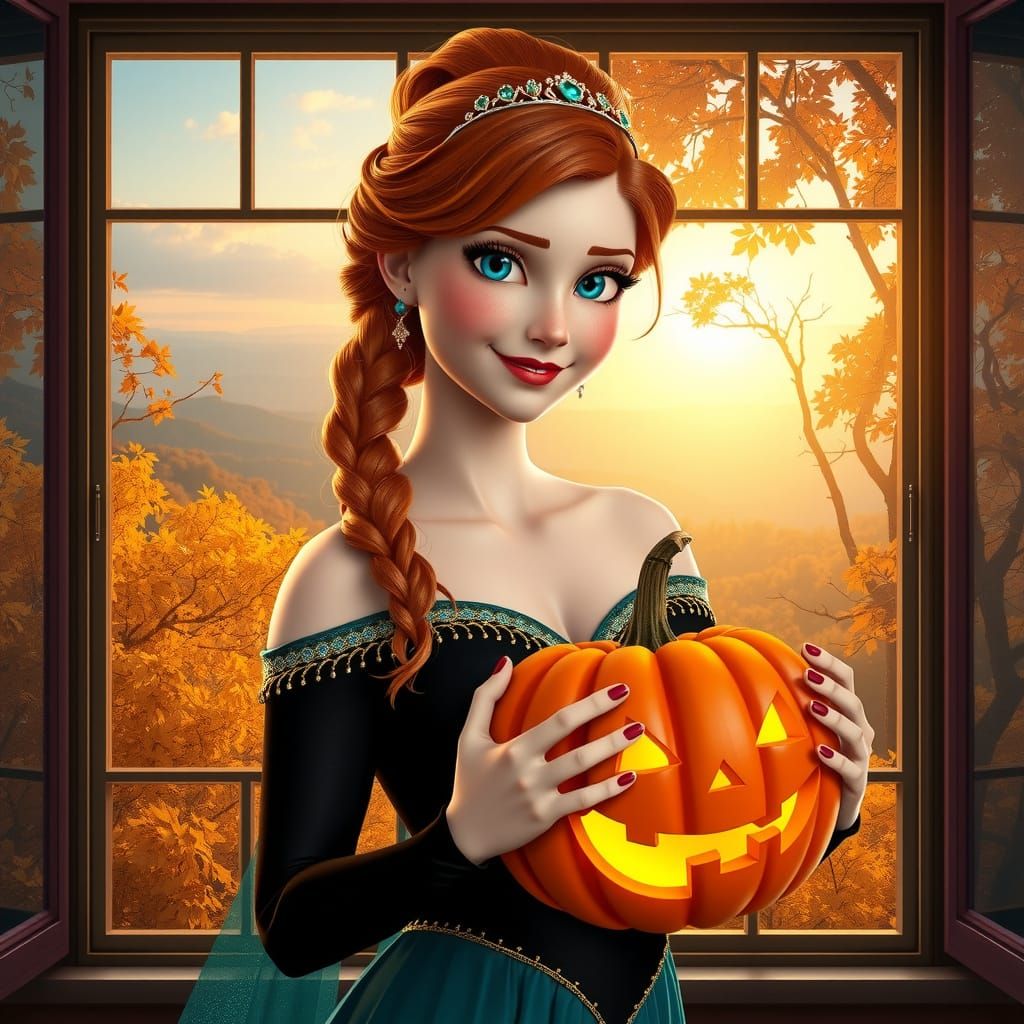 Queen Anna in Autumn Palace with Halloween Pumpkin