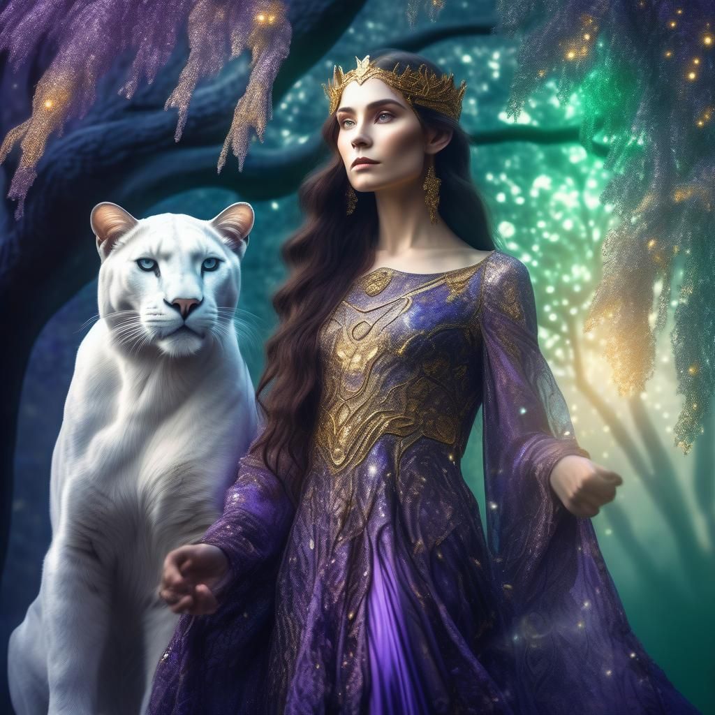 Elf and Panther Portrait in Klimt Style