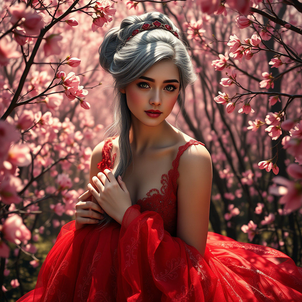 Sakura Forest Portrait: Young Woman in Red Dress