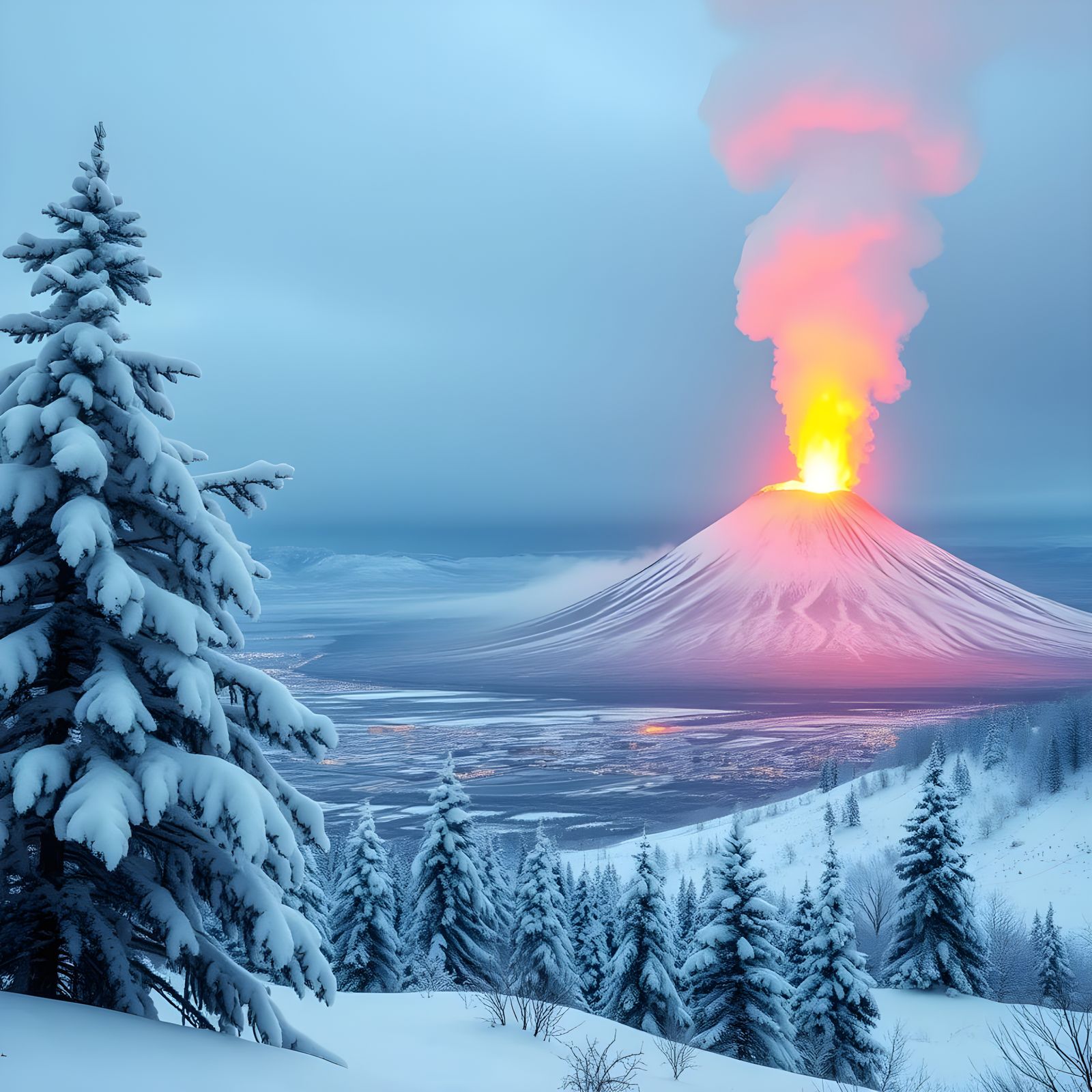 Eruption of Fiery Fury in a Winter Wonderland Cityscape