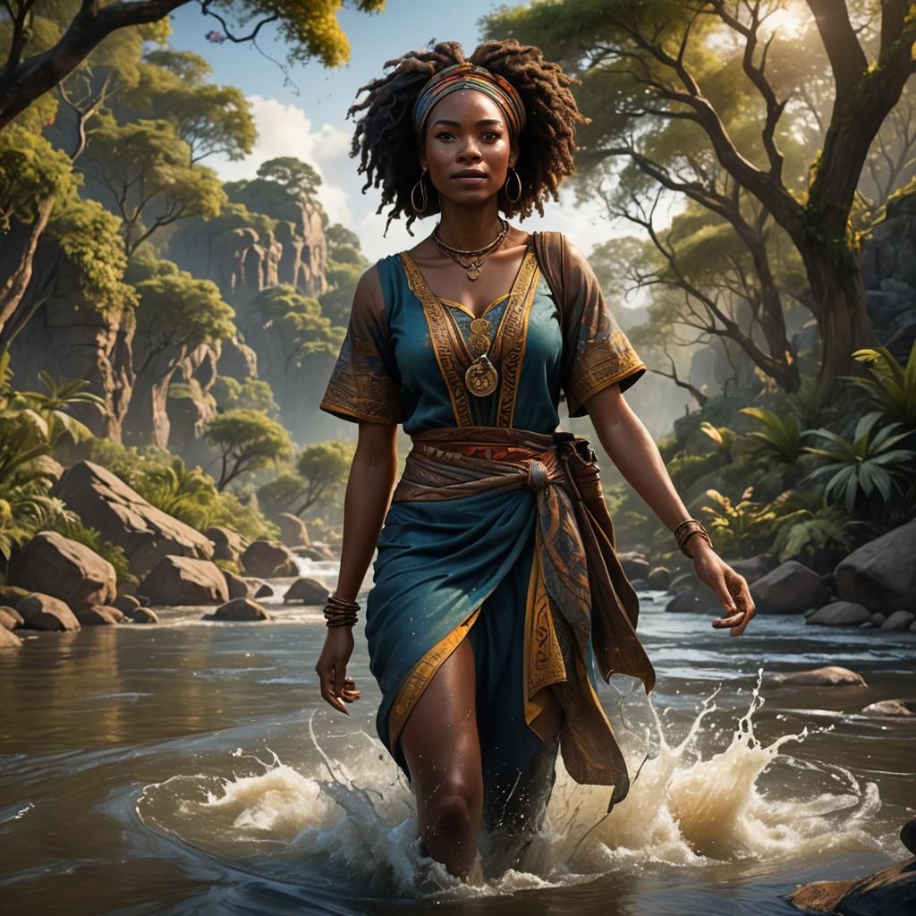 African American Woman Emerging from Riverbank