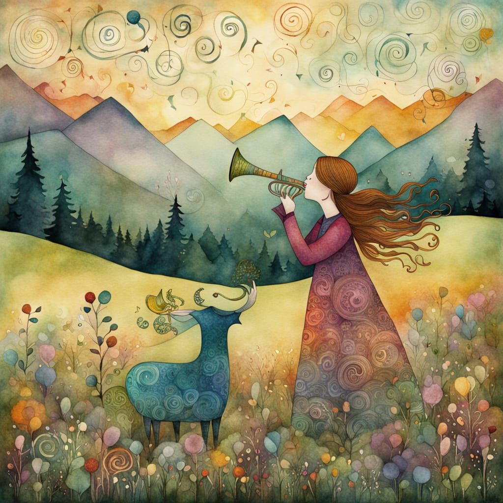 Surreal Watercolor Mountain Meadow Horn Player