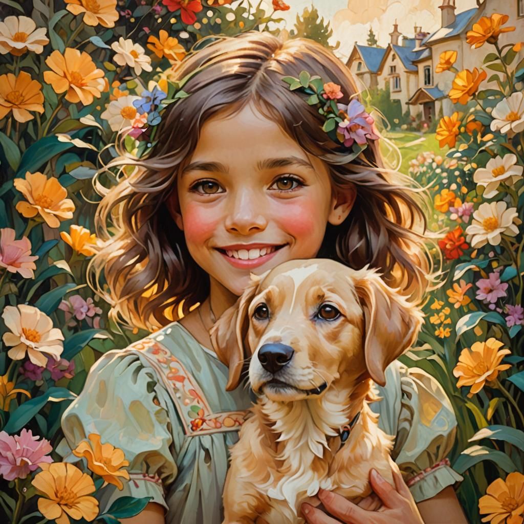 Girl with Puppy in Garden, Alphonse Mucha Style