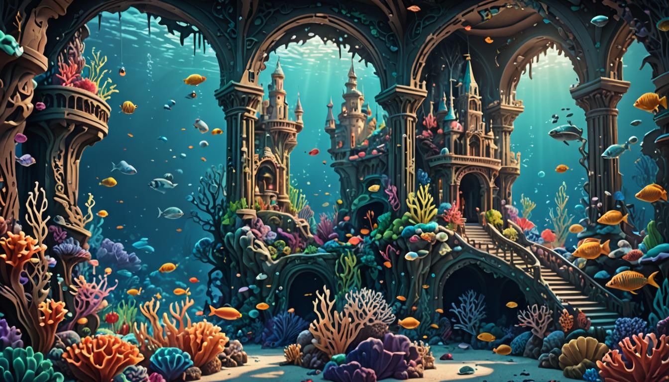 Paper-Cut Mermaid Kingdom with Coral Reefs and Palace