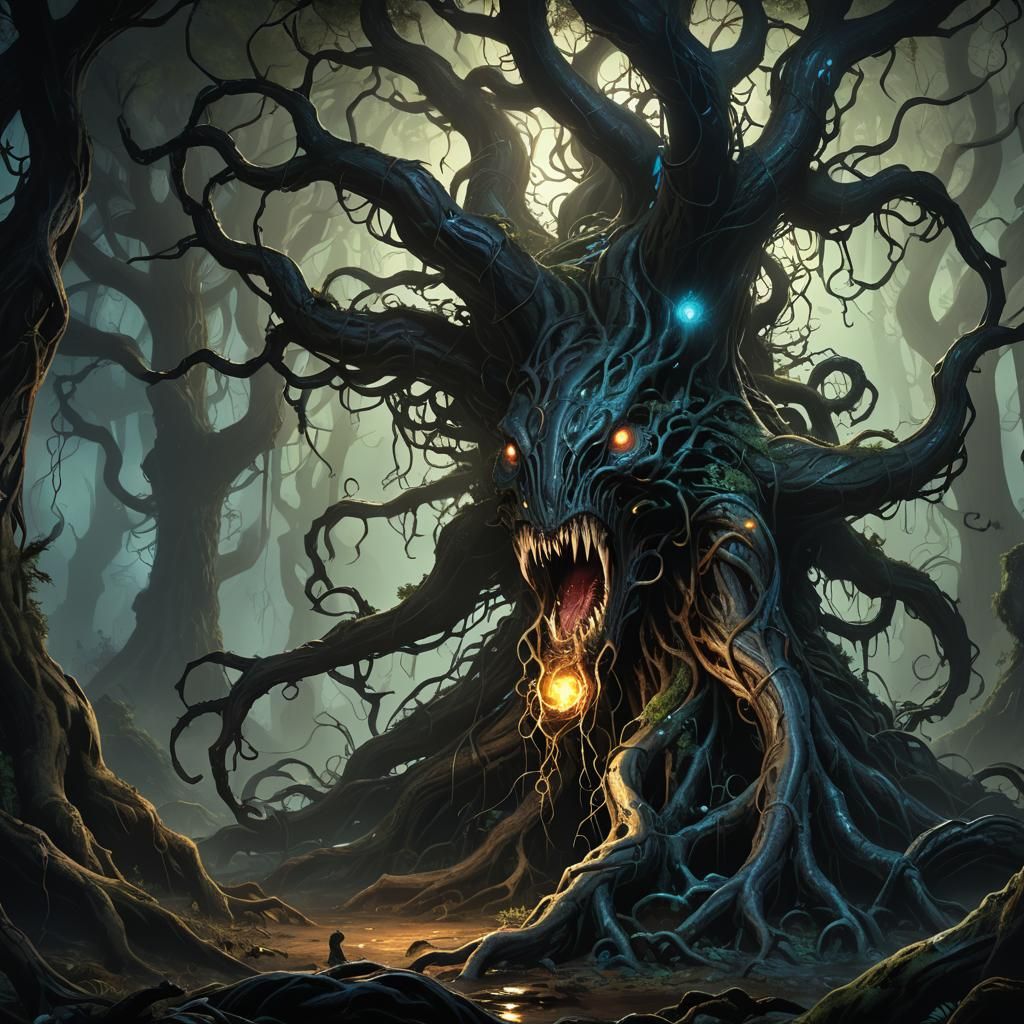 Eldritch Horror Consuming Prey in Mystical Forest