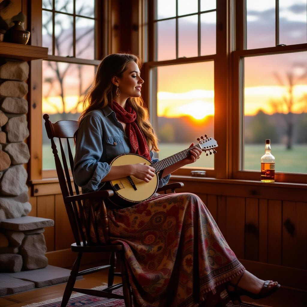 Woman Playing Dulcimer at Sunset in Folk Art Style