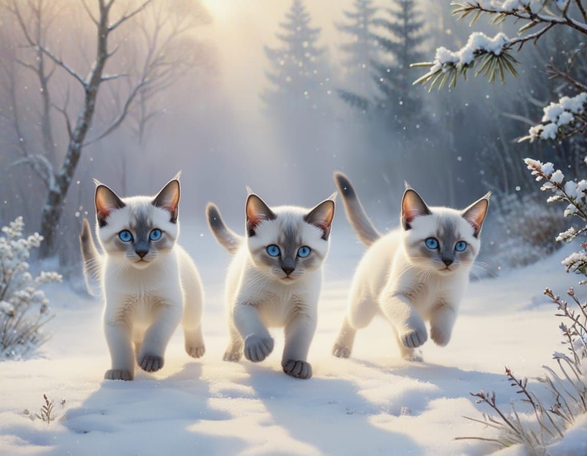 Siamese Kittens Play in Ethereal Snowy Landscape