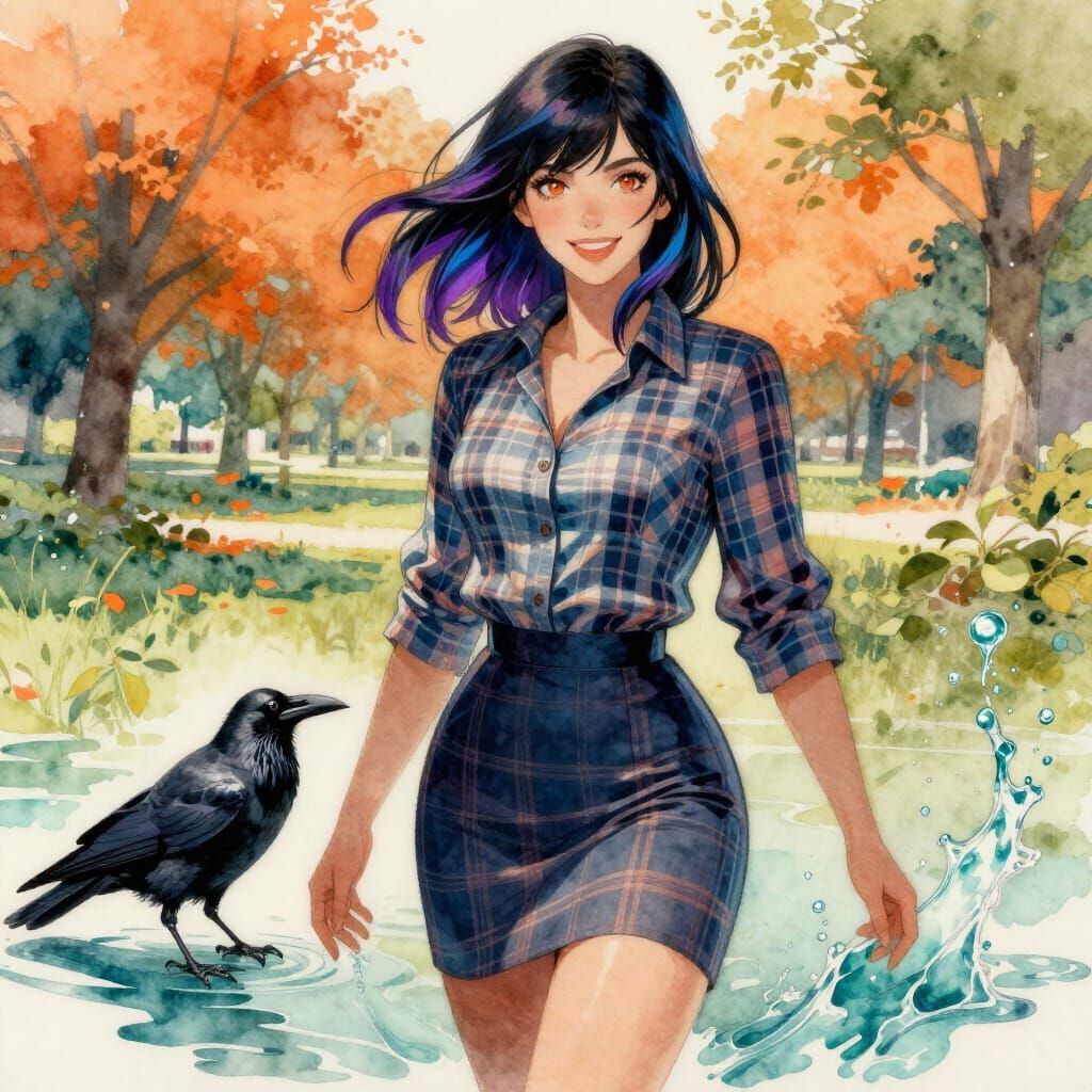 Woman Smiling With Raven in Watercolor Style