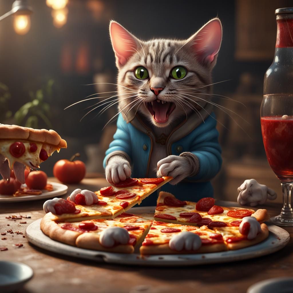 Cat and Mouse Share Pizza: Detailed Fantasy Art